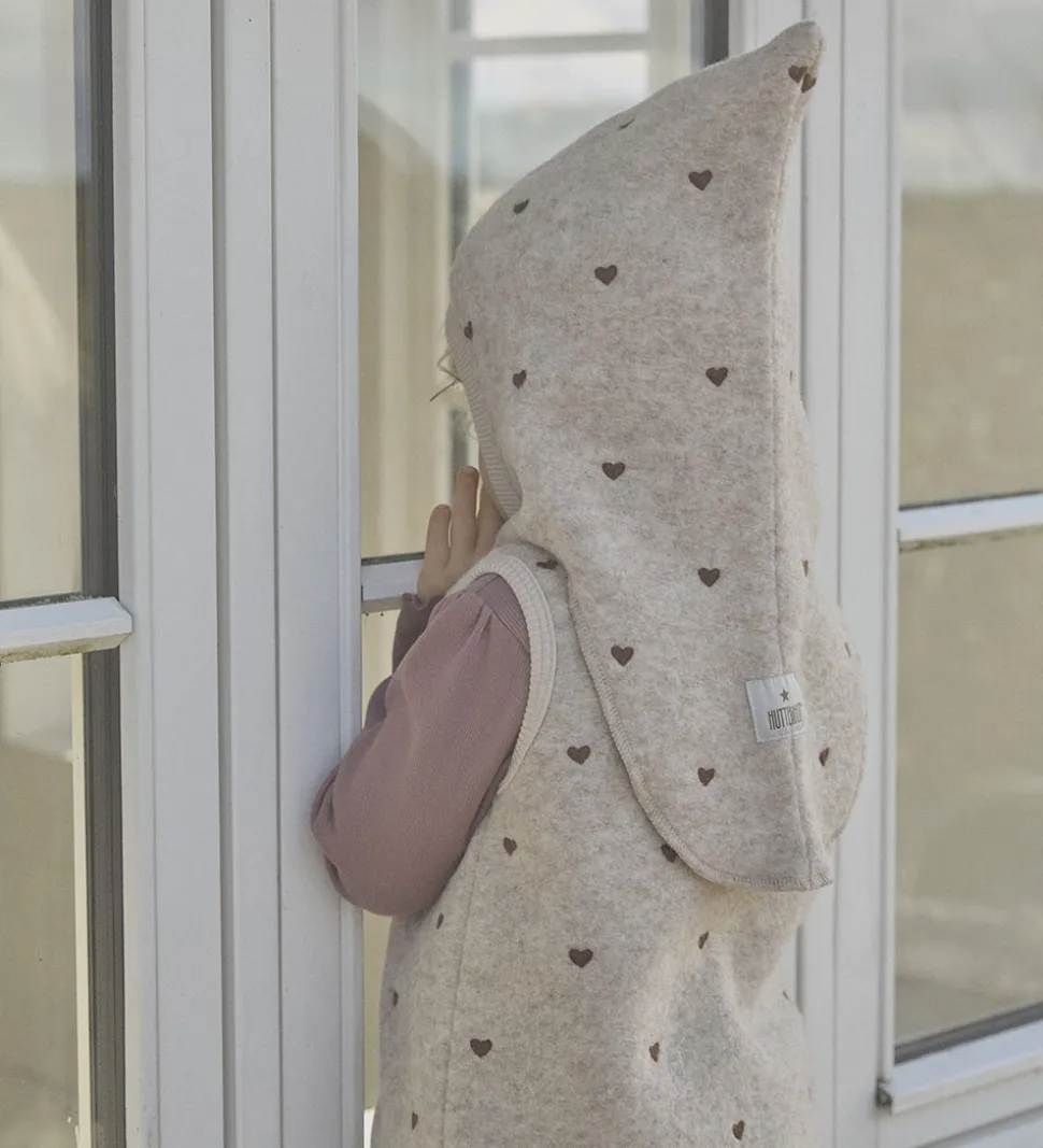 Huttelihut Elefanthue - Uld - 2-lags - Sand Melange m. Hjerter