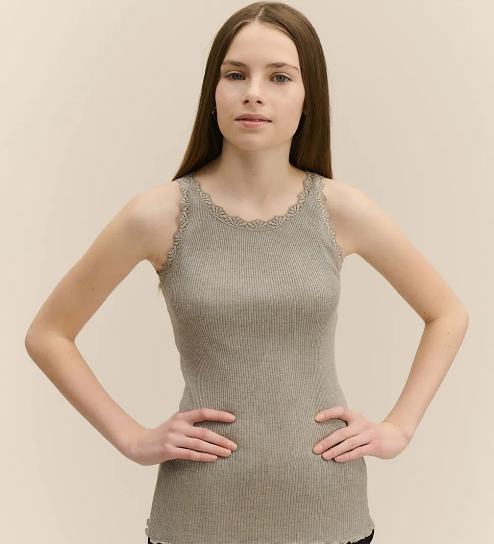 Rosemunde Top - Lang - Rib - Balta - Gråmeleret m. Blonder